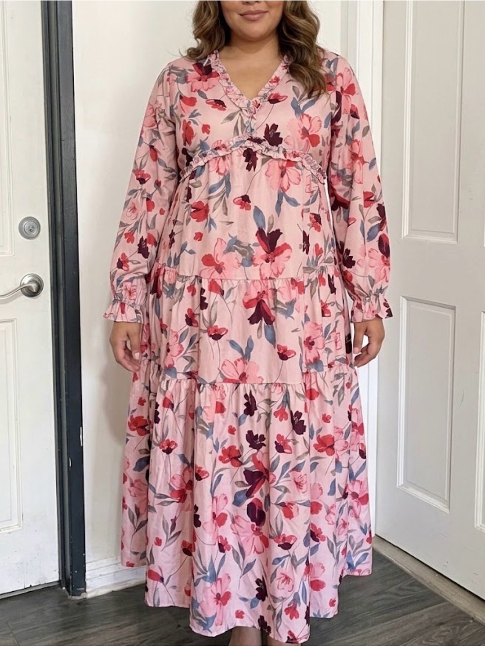 Pink Floral Tiered Maxi Dress